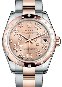 Rolex Datejust 31 Lady Midsize Rose Gold/Steel Pink Floral Motif Arabic Dial & Diamond Set Domed Bezel Oyster Bracelet 178341- BRAND NEW