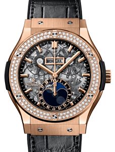 Hublot Classic Fusion Aerofusion Moonphase King Gold Diamonds 45mm Skeleton Sapphire Dial Rubber and Alligator Leather Straps 517.OX.0180.LR.1104 - BRAND NEW