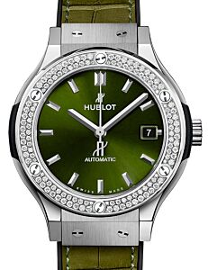 Hublot Classic Fusion Green Dial Diamond Bezel Leather Strap 45mm 511.NX.8970.LR - BRAND NEW