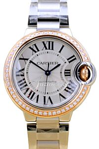Cartier Ballon Bleu WE902080 Ladies Midsize Silver Diamond 18k Rose Gold Stainless Steel BRAND NEW