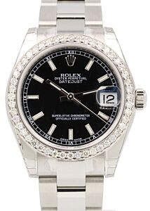 Rolex Datejust 31 Lady Steel Black Index Dial & Diamond (Custom) Bezel Oyster Bracelet 278240 (278384RBR)