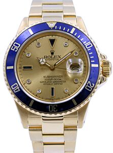 Rolex Submariner 16808 Men's 40mm Serti Champagne Blue Diamond 18k Yellow Gold Oyster - PRE-OWNED