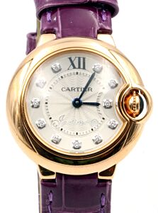 Cartier Ballon Bleu De Cartier WJBB0019 Ladies 28mm Rose Gold Silver Diamond Quartz Purple Leather BRAND NEW