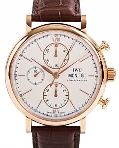IWC Schaffhausen IW391020 Portofino Chronograph Silver Plated Index Rose Gold Brown Leather 42mm Automatic