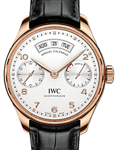 IWC Schaffhausen IW503504 Portugieser Annual Calendar Silver Plated Arabic Red Gold Black Leather 44.2mm Automatic
