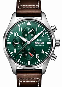 IWC Pilot's Watch Chronograph Steel 43mm Green Dial Leather Strap IW378005