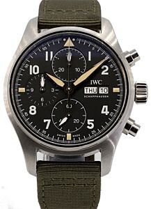 IWC Pilot's Watch Chronograph Spitfire Black Dial Stainless Steel Bezel Leather Strap IW387901 PRE-OWNED
