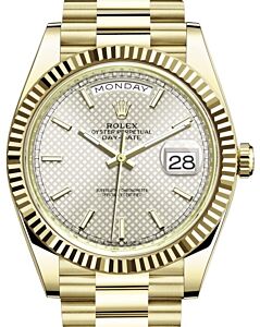 Rolex Day-Date 40 President Yellow Gold Silver Diagonal Motif Index Dial 228238 - BRAND NEW