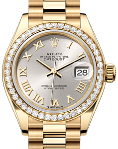 Rolex Lady Datejust 28 Yellow Gold Silver Roman Dial & Diamond Bezel President Bracelet 279138RBR - BRAND NEW