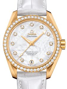 Omega Seamaster Aqua Terra 150M Master Co-Axial Chronometer Ladies 38.5mm Yellow Gold Diamond Bezel White Mother of Pearl Dial Diamond Set Index Alligator Leather Strap 231.58.39.21.55.002 - BRAND NEW