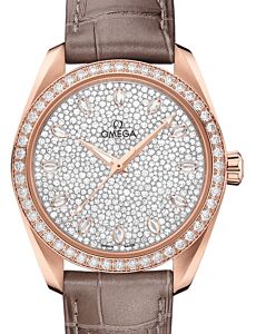 Omega Seamaster Aqua Terra 150M Co-Axial Master Chronometer Ladies 38mm Sedna Gold Diamond Bezel Diamond Pave Dial Alligator Leather Strap 220.58.38.20.99.003 - BRAND NEW