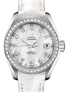 Omega Seamaster Aqua Terra 150M Co-Axial Chronometer 30mm Stainless Steel Diamond Bezel White Mother of Pearl Dial Diamond Set Index Alligator Leather Strap 231.18.30.20.55.001 - BRAND NEW