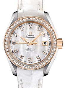 Omega Seamaster Aqua Terra 150M Co-Axial Chronometer 30mm Stainless Steel Red Gold Diamond Bezel White Mother of Pearl Dial Diamond Set Index Alligator Leather Strap 231.28.30.20.55.001 - BRAND NEW