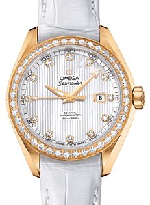 Omega Seamaster Aqua Terra 150M Co-Axial Chronometer 34mm Yellow Gold Diamond Bezel White Mother of Pearl Dial Diamond Set Index Alligator Leather Strap 231.58.34.20.55.001 - BRAND NEW