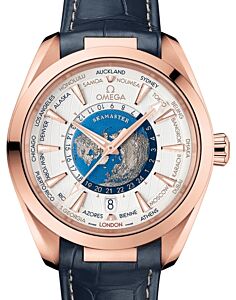 Omega Seamaster Aqua Terra 150M Co-Axial Master Chronometer GMT Worldtimer 43mm Sedna Gold Silver Dial Alligator Leather Strap 220.53.43.22.02.001 - BRAND NEW