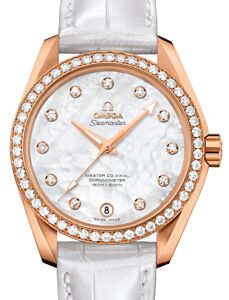 Omega Seamaster Aqua Terra 150M Master Co-Axial Chronometer Ladies 38.5mm Red Gold Diamond Bezel White Mother of Pearl Dial Diamond Set Index Alligator Leather Strap 231.58.39.21.55.001 - BRAND NEW