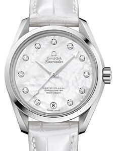 Omega Seamaster Aqua Terra 150M Master Co-Axial Chronometer Ladies 38.5mm Stainless Steel White Mother of Pearl Dial Diamond Index Alligator Leather Strap 231.13.39.21.55.002 - BRAND NEW