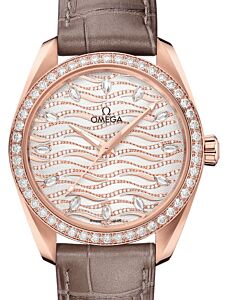 Omega Seamaster Aqua Terra 150M Co-Axial Master Chronometer Ladies 38mm Sedna Gold Diamond Bezel White Diamond Index Dial Alligator Leather Strap 220.58.38.20.99.006 - BRAND NEW