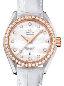 Omega Seamaster Aqua Terra 150M Master Co-Axial Chronometer 34mm Stainless Steel Sedna Gold Diamond Bezel White Mother of Pearl Dial Diamond Set Index Alligator Leather Strap 231.28.34.20.55.003 - BRAND NEW