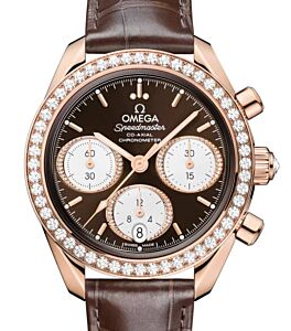 Omega Speedmaster Sedna Gold Brown Dial Diamond Bezel Leather Strap 324.58.38.50.63.001