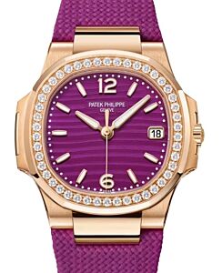 Patek Philippe Nautilus Date Sweep Seconds Quartz Rose Gold/Diamonds Lacquered Purple Dial Fabric Strap 7010R-013 - BRAND NEW