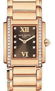 Patek Philippe Twenty~4 Ladies Brown Roman Dial Diamond Set Bezel Rose Gold Quartz 22 x 26.3mm 4908/11R-010 - BRAND NEW