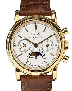 Patek Philippe Yellow Gold Perpetual Calendar Chronograph Silver Pointed Baton Dial 3970EJ