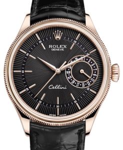 Rolex Cellini Date Rose Gold Black Guilloche Index Dial Domed & Fluted Double Bezel Black Leather Bracelet 50515 - BRAND NEW