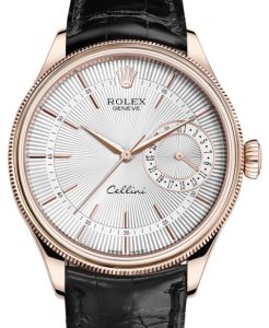 Rolex Cellini Date Rose Gold Silver Guilloche Index Dial Domed & Fluted Double Bezel Black Leather Bracelet 50515 - BRAND NEW