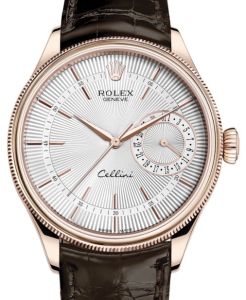 Rolex Cellini Date Rose Gold Silver Guilloche Index Dial Domed & Fluted Double Bezel Tobacco Leather Bracelet 50515 - BRAND NEW