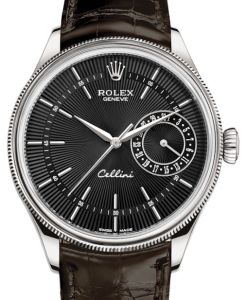 Rolex Cellini Date White Gold Black Guilloche Index Dial Domed & Fluted Double Bezel Tobacco Leather Bracelet 50519 - BRAND NEW