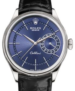 Rolex Cellini Date White Gold Blue Guilloche Index Dial Domed & Fluted Double Bezel Black Leather Bracelet 50519 - BRAND NEW