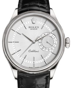 Rolex Cellini Date White Gold Silver Guilloche Index Dial Domed & Fluted Double Bezel Black Leather Bracelet 50519 - BRAND NEW