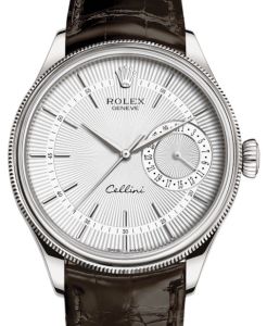 Rolex Cellini Date White Gold Silver Guilloche Index Dial Domed & Fluted Double Bezel Tobacco Leather Bracelet 50519 - BRAND NEW