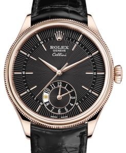 Rolex Cellini Dual Time Rose Gold Black Guilloche Index Dial Domed & Fluted Double Bezel Black Leather Bracelet 50525 - BRAND NEW
