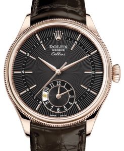 Rolex Cellini Dual Time Rose Gold Black Guilloche Index Dial Domed & Fluted Double Bezel Tobacco Leather Bracelet 50525 - BRAND NEW