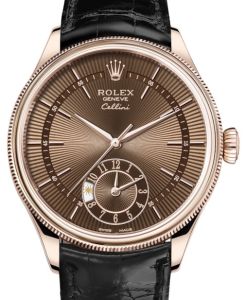 Rolex Cellini Dual Time Rose Gold Brown Guilloche Index Dial Domed & Fluted Double Bezel Black Leather Bracelet 50525 - BRAND NEW
