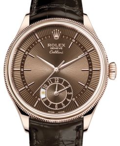 Rolex Cellini Dual Time Rose Gold Brown Guilloche Index Dial Domed & Fluted Double Bezel Tobacco Leather Bracelet 50525 - BRAND NEW