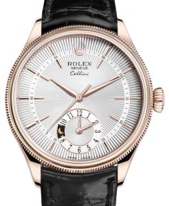 Rolex Cellini Dual Time Rose Gold Silver Guilloche Index Dial Domed & Fluted Double Bezel Black Leather Bracelet 50525 - BRAND NEW