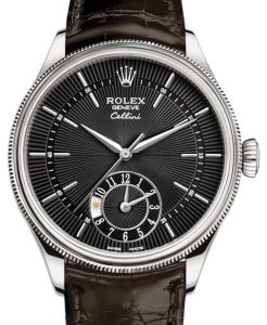 Rolex Cellini Dual Time White Gold Black Guilloche Index Dial Domed & Fluted Double Bezel Tobacco Leather Bracelet 50529 - BRAND NEW