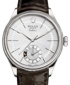 Rolex Cellini Dual Time White Gold Silver Guilloche Index Dial Domed & Fluted Double Bezel Tobacco Leather Bracelet 50529 - BRAND NEW