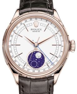 Rolex Cellini Moonphase Rose Gold White Index Dial Domed & Fluted Double Bezel Tobacco Leather Bracelet 50535 - BRAND NEW