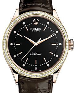 Rolex Cellini Time Rose Gold Black Diamond Dial Diamond Bezel Tobacco Leather Bracelet 50705RBR - BRAND NEW