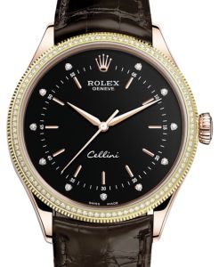 Rolex Cellini Time Rose Gold Black Diamond Dial Diamond & Fluted Double Bezel Tobacco Leather Bracelet 50605RBR - BRAND NEW