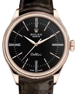 Rolex Cellini Time Rose Gold Black Index / Roman Dial Domed & Fluted Double Bezel Tobacco Leather Bracelet 50505 - BRAND NEW
