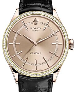 Rolex Cellini Time Rose Gold Pink Index Dial Diamond Bezel Black Leather Bracelet 50705RBR - BRAND NEW