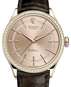 Rolex Cellini Time Rose Gold Pink Index Dial Diamond Bezel Tobacco Leather Bracelet 50705RBR - BRAND NEW
