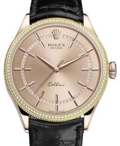 Rolex Cellini Time Rose Gold Pink Index Dial Diamond & Fluted Double Bezel Black Leather Bracelet 50605RBR - BRAND NEW