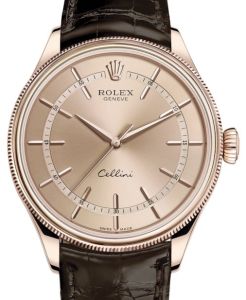 Rolex Cellini Time Rose Gold Pink Index Dial Domed & Fluted Double Bezel Tobacco Leather Bracelet 50505 - BRAND NEW