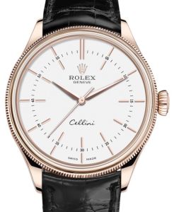 Rolex Cellini Time Rose Gold White Index Dial Domed & Fluted Double Bezel Black Leather Bracelet 50505 - BRAND NEW